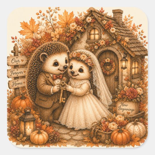 かわいいハリネズミの新婚カップル 森のウエディング スクエアシール (正面)