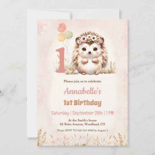 かわいいハリネズミの森のボヘミアンガール 1歳の誕生日 招待状 (正面)