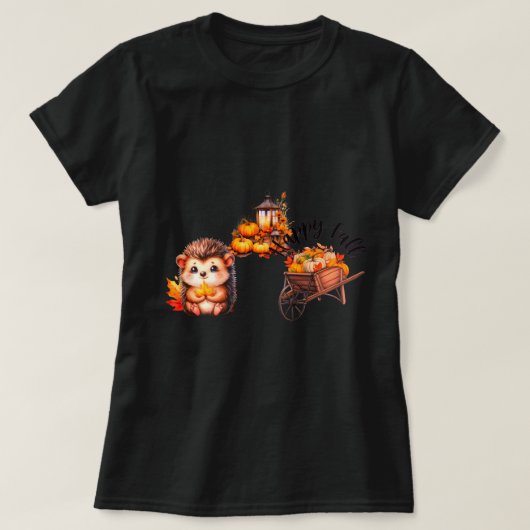 かわいいハリネズミの秋のイラスト+収穫のはしご Tシャツ (デザイン正面)