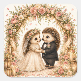 かわいいハリネズミの結婚式 ロマンチックな花々 スクエアシール