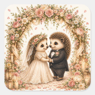 かわいいハリネズミの結婚式 ロマンチックな花々 スクエアシール