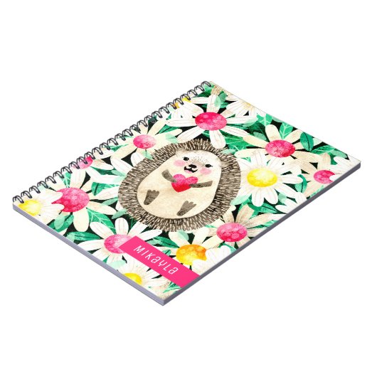 かわいいハリネズミの花ピンクパーソナライズされたイエロー ノートブック (左側)