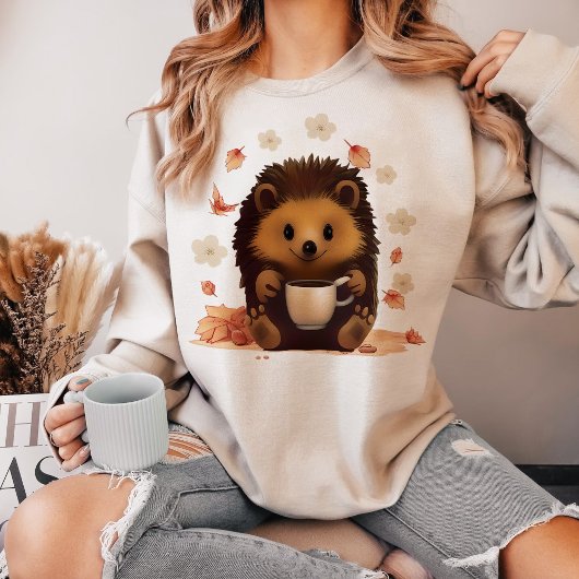 かわいいハリネズミの花、ハリネズミのコーヒー飲み姿 Tシャツ