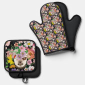 かわいいハリネズミの花 鍋つかみ&鍋敷きセット (正面/裏面)