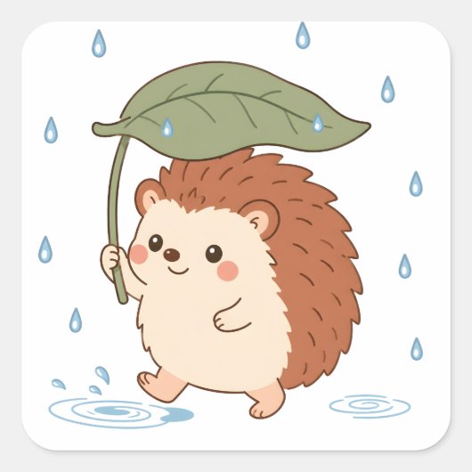 かわいいハリネズミの葉の傘 雨の日ステッカー スクエアシール (正面)