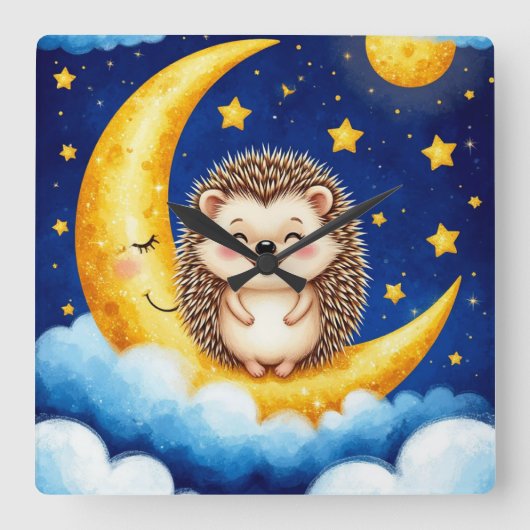 かわいいハリネズミの金の三日月 🌙  スクエア壁時計 (正面)