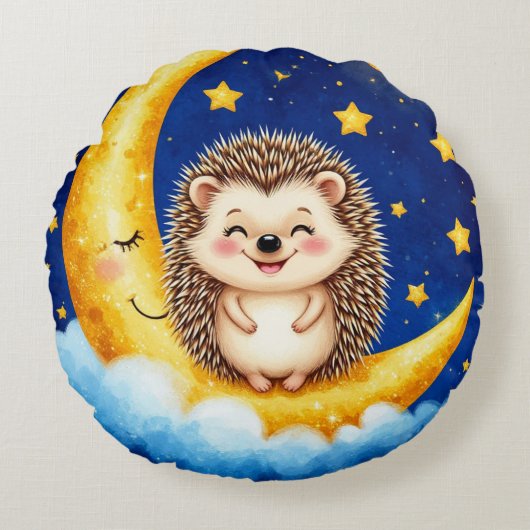 かわいいハリネズミの金の三日月 🌙 ラウンドクッション (正面)