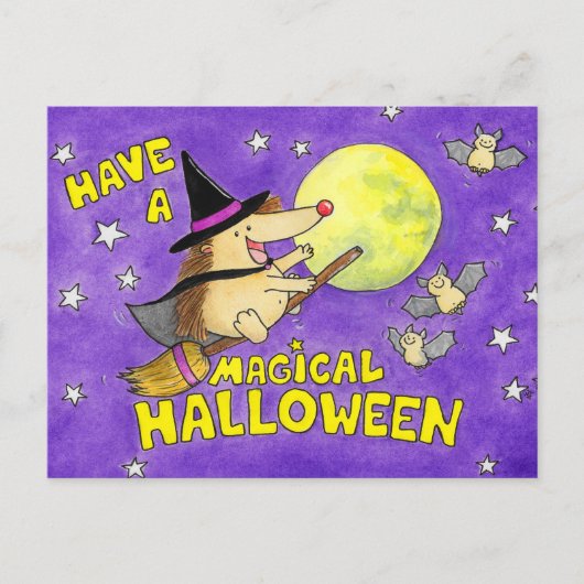 かわいいハリネズミの魔女のハロウィン ポストカード (正面)