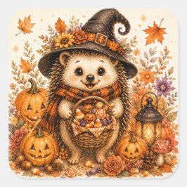 かわいいハリネズミの魔女 ハロウィンのかぼちゃ 秋 スクエアシール