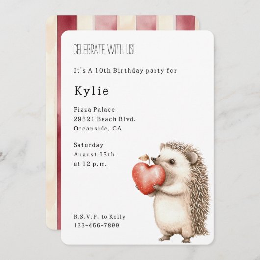 かわいいハリネズミ動物ハート誕生日 招待状 (正面/裏面)