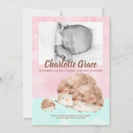 かわいいハリネズミ家族の新生児写真パーソナライズされた 案内状 (正面)