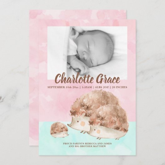 かわいいハリネズミ家族の新生児写真パーソナライズされた 案内状 (正面/裏面)