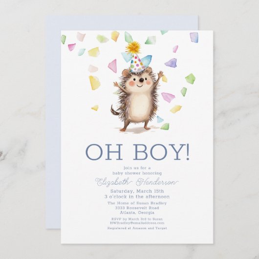 かわいいハリネズミ男の子の赤ちゃんシャワー 招待状 (正面/裏面)