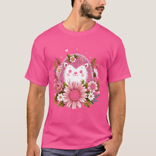 かわいいハリネズミ花柄おもしろいハリネズミ Tシャツ (正面)