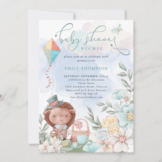 かわいいハリネズミ花模様ベビーシャワーピクニックボーイ 招待状 (正面)