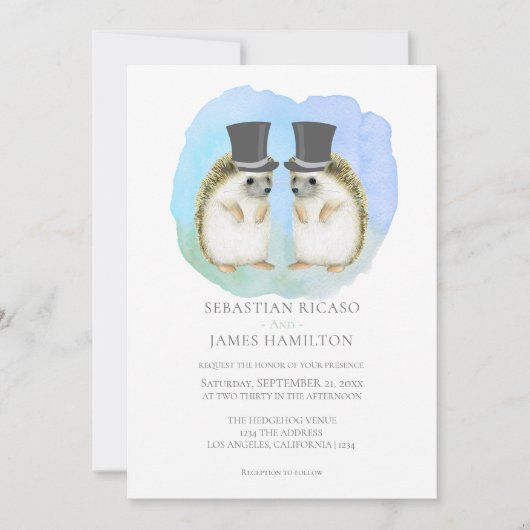 かわいいハリネズミ2つのグルームズゲイ結婚カップル 招待状 (正面)