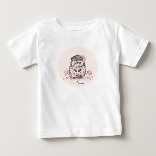 かわいいハリネズミ ピンクの花 名前 ベビーTシャツ (正面)