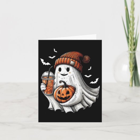 かわいいハロウィンおばけがコーヒーを飲むパンプキンハロウィン カード (正面)