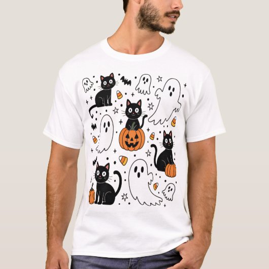 かわいいハロウィンおばけ猫 Tシャツ (正面)