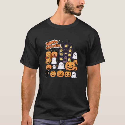 かわいいハロウィンお化け屋敷のオバケ、カボチャ、黒猫 Tシャツ (正面)