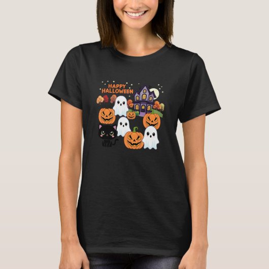 かわいいハロウィンお化け屋敷の幽霊、カボチャ、黒猫 Tシャツ (正面)