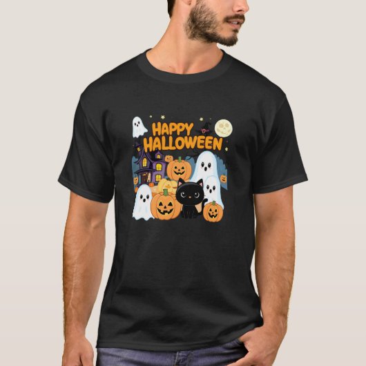 かわいいハロウィンお化け屋敷の幽霊、カボチャ、黒猫 Tシャツ (正面)