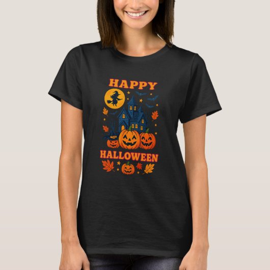 かわいいハロウィンお化け屋敷、カボチャと魔女Tシャツ Tシャツ (正面)