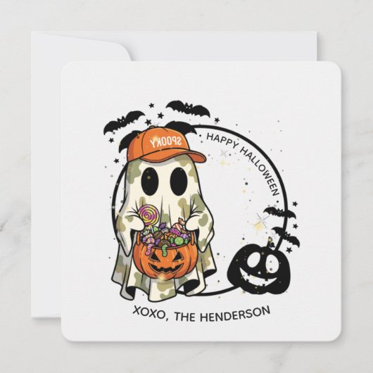 かわいいハロウィンお菓子 ゴースト丸型ステッカー 招待状 (正面)