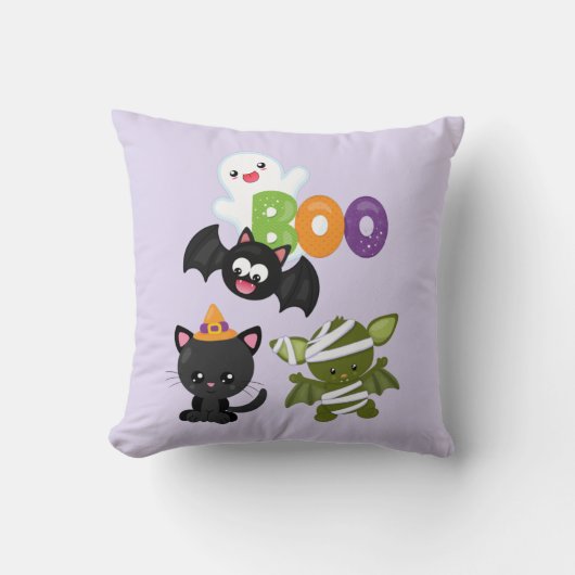 かわいいハロウィンねこ、コウモリ、ミイラ&ゴースト クッション (正面)