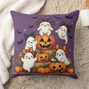 かわいいハロウィンのおばけたち コケッティなリボンとカボチャたち クッション