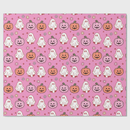 かわいいハロウィンのおばけとパンプキン ピンク ラッピングペーパー