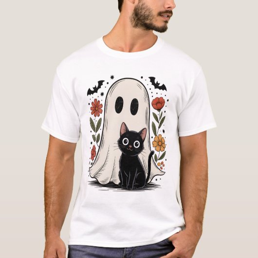 かわいいハロウィンのおばけと猫 Tシャツ (正面)
