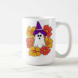 かわいいハロウィンのおばけの花リース コーヒーマグカップ