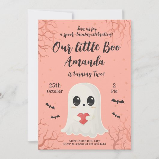 かわいいハロウィンのおばけの誕生日カード 招待状 (正面)