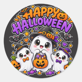 かわいいハロウィンのおばけ家族 ラウンドシール