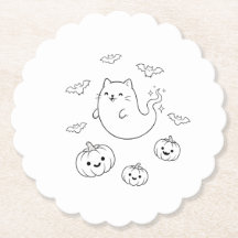 かわいいハロウィンのおばけ猫のかぼちゃ コウモリ ラインアート ステッカー
