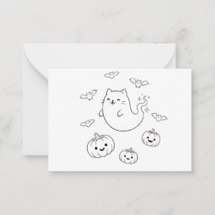 かわいいハロウィンのおばけ猫 かぼちゃ コウモリ ラインアート ステッカー ノートカード
