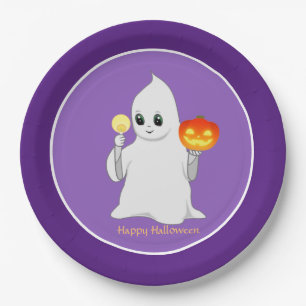 かわいいハロウィンのおばけ & きいろいかぼちゃ(紫の背景) ペーパープレート