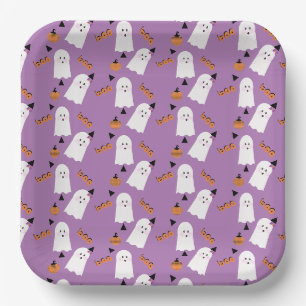 かわいいハロウィンのおばけ オレンジ パープル コンフェティ ペーパープレート