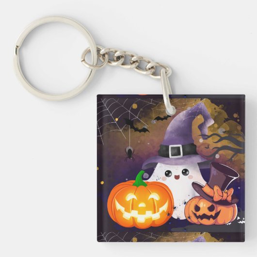 かわいいハロウィンのおばけ:魔女の帽子とカボチャ キーホルダー (正面)