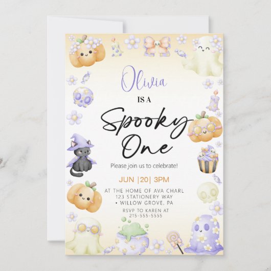 かわいいハロウィンのお化けの1歳の男の子の誕生日 招待状 (正面)