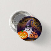 かわいいハロウィンのお化け:魔女の帽子とカボチャ 缶バッジ (正面&裏面)