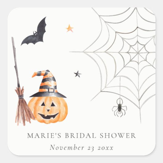 かわいいハロウィンのかぼちゃのスパイダーウェブの結婚前お披露目パーティー スクエアシール (正面)