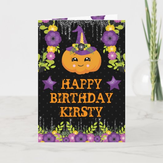 かわいいハロウィンのかぼちゃの花の幸せな誕生日 カード (正面)