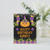 かわいいハロウィンのかぼちゃの花の幸せな誕生日 ポストカード (スタンド正面)