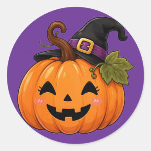 かわいいハロウィンのかぼちゃ魔女帽子ステッカー ラウンドシール