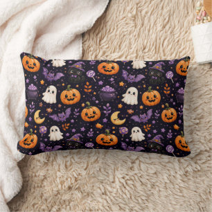かわいいハロウィンのかぼちゃ おばけ 猫 コウモリ パターン アート ランバークッション