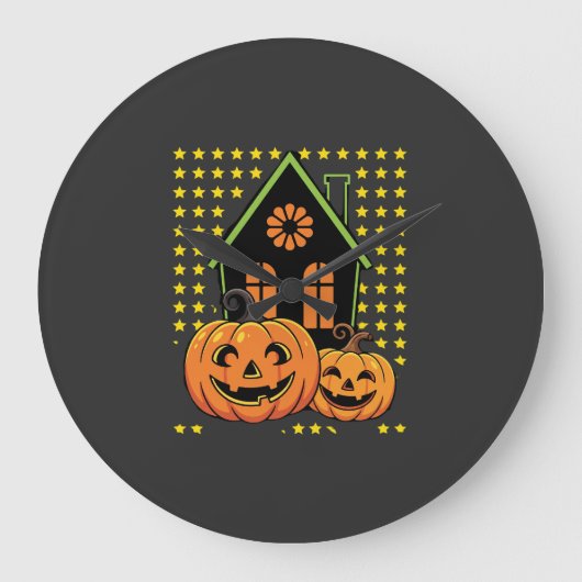 かわいいハロウィンのかぼちゃ 幽霊の館 星 ラージ壁時計 (正面)