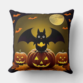 🦇🌙 かわいいハロウィンのこうもり猫のかぼちゃの輝き ✨ クッション