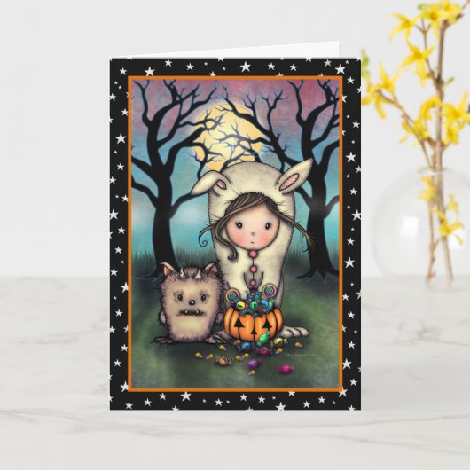 かわいいハロウィンのイラスト「お菓子をくれなきゃイタズラしちゃうぞ」 カード (黄色い花)